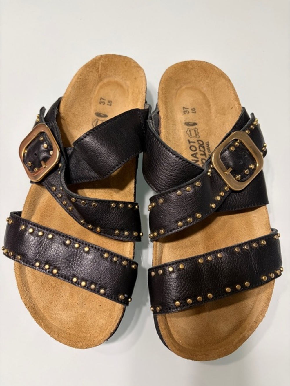 Naot Black Studded Triple-Strap Slide Sandals with Gold Buckles